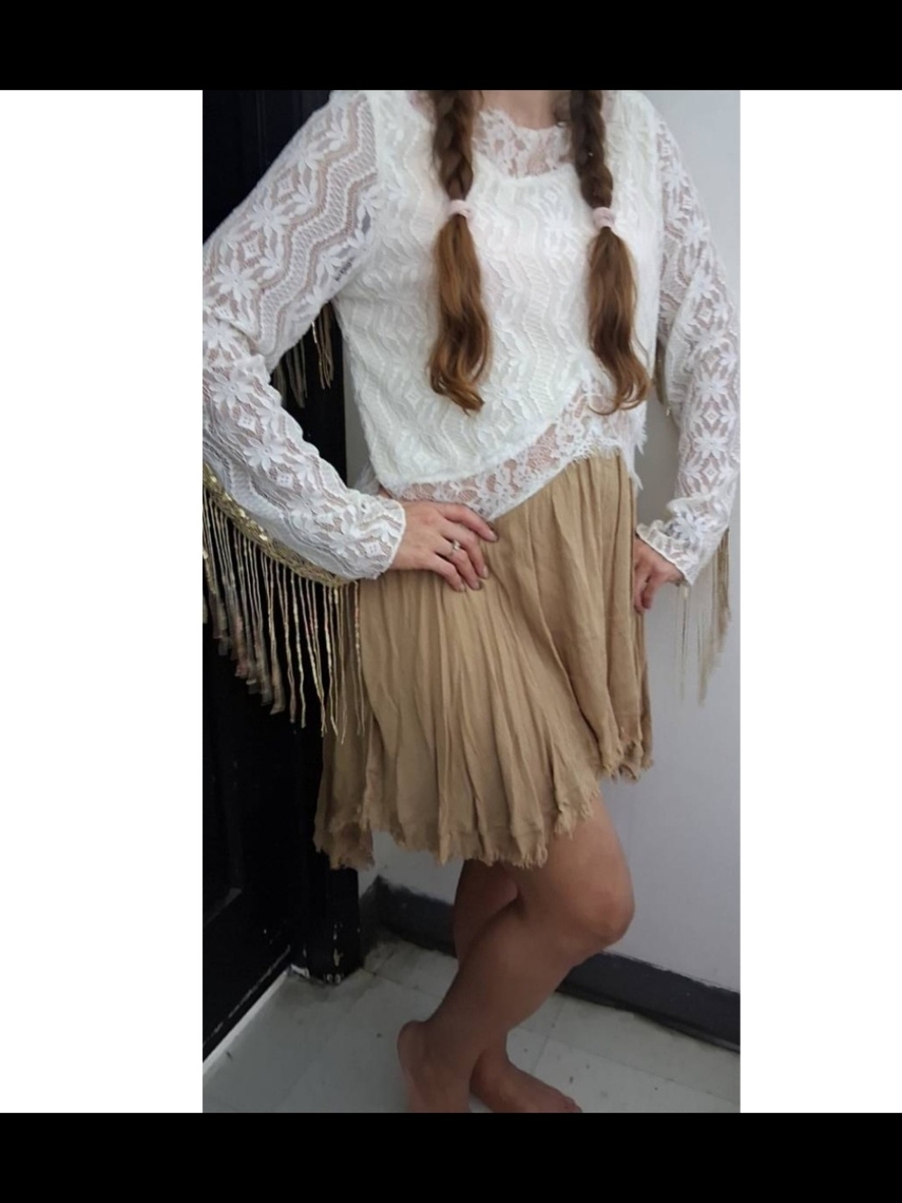 Boho High-Low Hem With Metallic Gold Fringe Crinkle Mini Dress in Tan